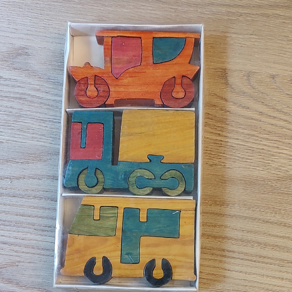 Vintage Handmade Wooden Vehicle Puzzle Set - Car, Truck, Bus - Unused in Box